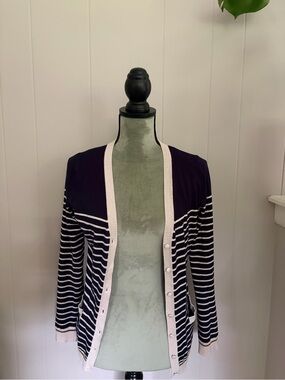 Audrey & Grace Navy and White Striped Cardigan with Cream Trim